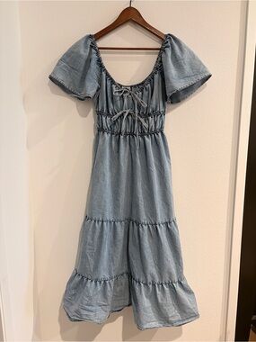 Blush Light Wash Denim Top with Elastic Neckline